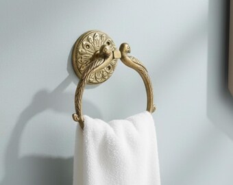 Brass Hand Towel Ring – Handcrafted Twin Peacock Design with Antique Finish | Wall Mounted Towel Holder for Wash Basin, Kitchen & Home Decor