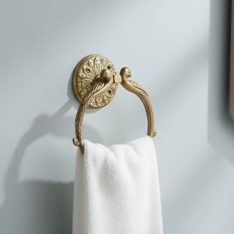Brass Hand Towel Ring Holder for Bathroom & Wash Basin – Handcrafted Twin Peacock Design Decorative Hanger with Antique Finish