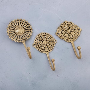 Antique Gold Brass Wall Hooks Set | Antique Gold Decorative Key Holder, Coat Hanger, Towel Hook for Entryway, Bedroom, Bathroom & Home Decor