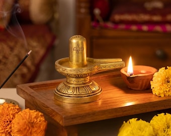 Brass Shiva Lingam Mini Idol | Naga Design Yoni Base, Puja