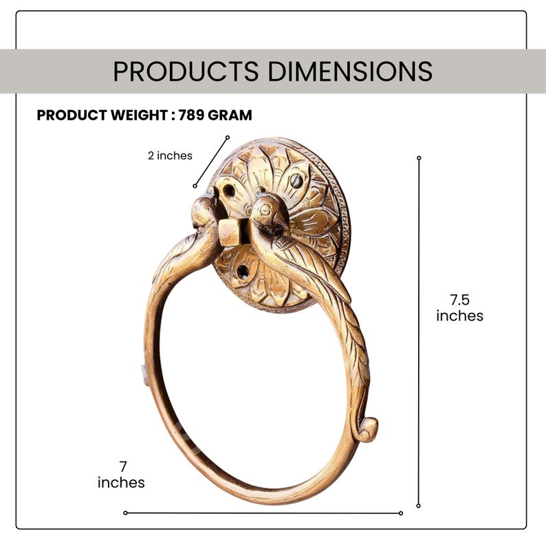 May include: Ornate brass towel ring with a floral and bird design. The ring is 7 inches in diameter and 7.5 inches tall. The product weight is 789 grams. The ring has a 2-inch diameter base.