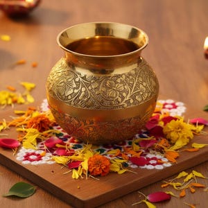 Puede incluir: Una olla de latón dorado con intrincados diseños florales, colocada sobre una tabla de madera adornada con pétalos de flores coloridas. La olla tiene una abertura ancha y una banda decorativa en el centro. La escena evoca una celebración cultural.
