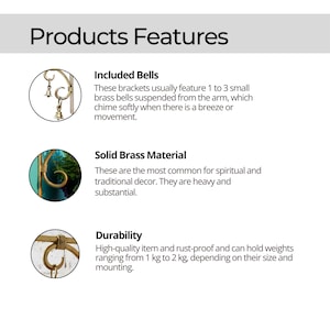 May include: Image shows product features with the text "Products Features." Details include the product's bells, solid brass material, and durability. The product is rust-proof and can hold weights from 1 kg to 2 kg, depending on size.