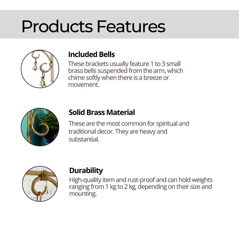 May include: Image shows product features with the text "Products Features." Details include the product's bells, solid brass material, and durability. The product is rust-proof and can hold weights from 1 kg to 2 kg, depending on size.