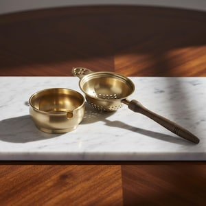 May include: A brass tea strainer with a wooden handle and a small brass bowl. The strainer has a perforated bowl and a decorative handle. The bowl has a small notch. The items are on a white marble surface.