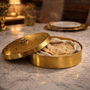 Pode incluir: Um recipiente redondo de metal dourado para alimentos com tampa. A tampa está parcialmente aberta, revelando uma pilha de pães achatados no interior, forrada com um pano branco. O recipiente está sobre uma superfície de mármore. A tampa tem um padrão floral.