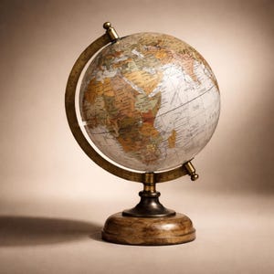 Może przedstawiać: Globus w stylu vintage z szczegółową mapą świata. Globus jest zamontowany na drewnianej podstawie z mosiężnym metalowym południkiem i stojakiem. Kolory globusa obejmują odcienie brązu, beżu i zieleni.
