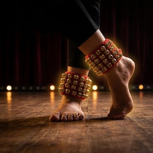May include: Red ankle bells with numerous small gold-colored bells are worn on the ankles. The bells are on a red fabric band. The person is wearing black leggings. The background is a wooden floor and a dark curtain.