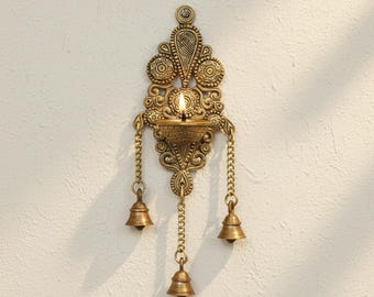 Brass Wall Hanging Diya with 3 Bells | Traditional Deepak with Ghanti, Decorative Diya for Home, Temple & Office Decor | Antique Gold Finish