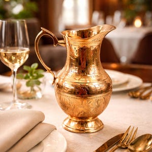 May include: A gold-colored metal pitcher with an ornate floral design. The pitcher has a handle and a spout, and it sits on a table set for a meal. A wine glass and silverware are also visible.