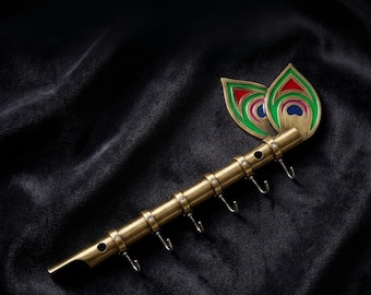 Messing Pfauenfeder Schlüsselhalter | Antiker Bansuri Wand Schlüssel Aufhänger für Haus Eingang, Wohnzimmer Dekor, Büro Organisation & Geschenkartikel