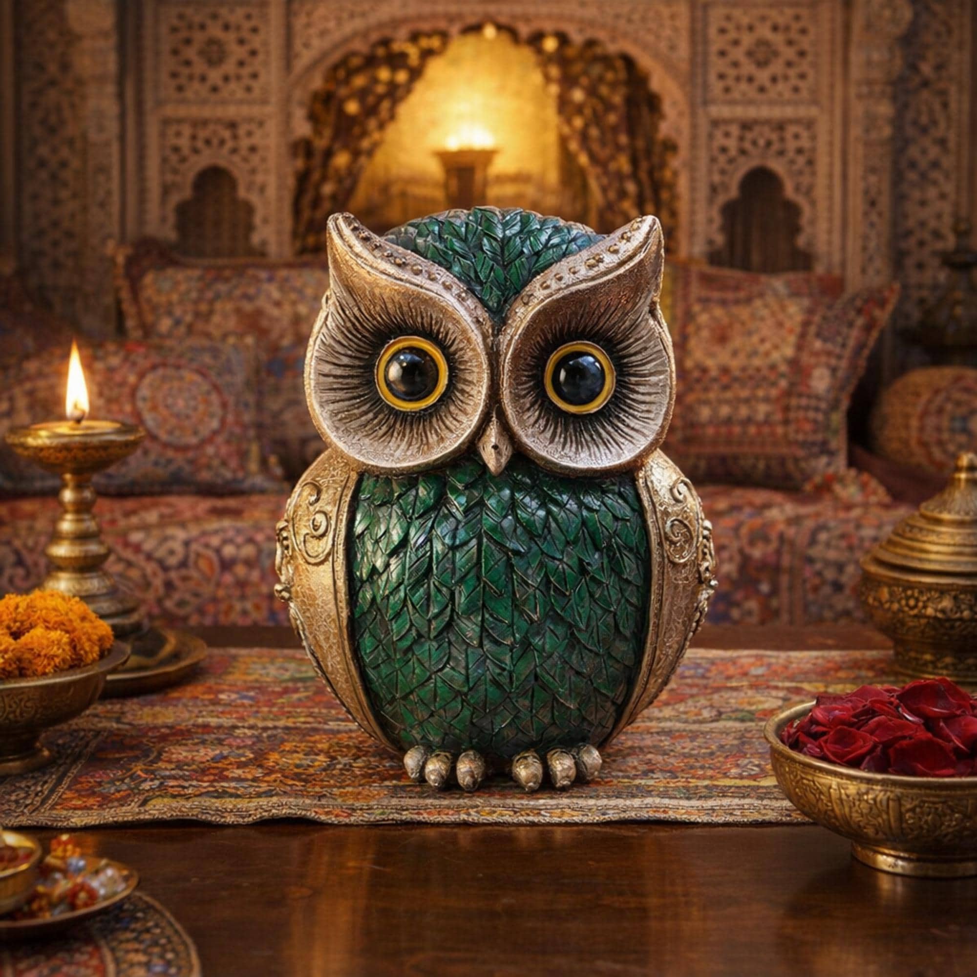 Handcrafted Brass Owl Statue | Green Feather Detailing, Vastu Decor