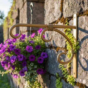 May include: A decorative gold-coloured metal hanging basket bracket fixed to a stone wall. The bracket features a curved design with scrolled details, supporting a hanging basket overflowing with purple petunias. Greenery adds a natural accent.