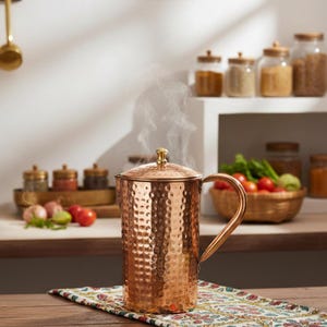 Op de afbeelding: Een koperen kan met een gehamerde textuur, een deksel en een gebogen handvat. Stoom stijgt op uit de kan, wat suggereert dat deze een hete vloeistof bevat. De kan staat op een patroon doek, met een keukenomgeving op de achtergrond.