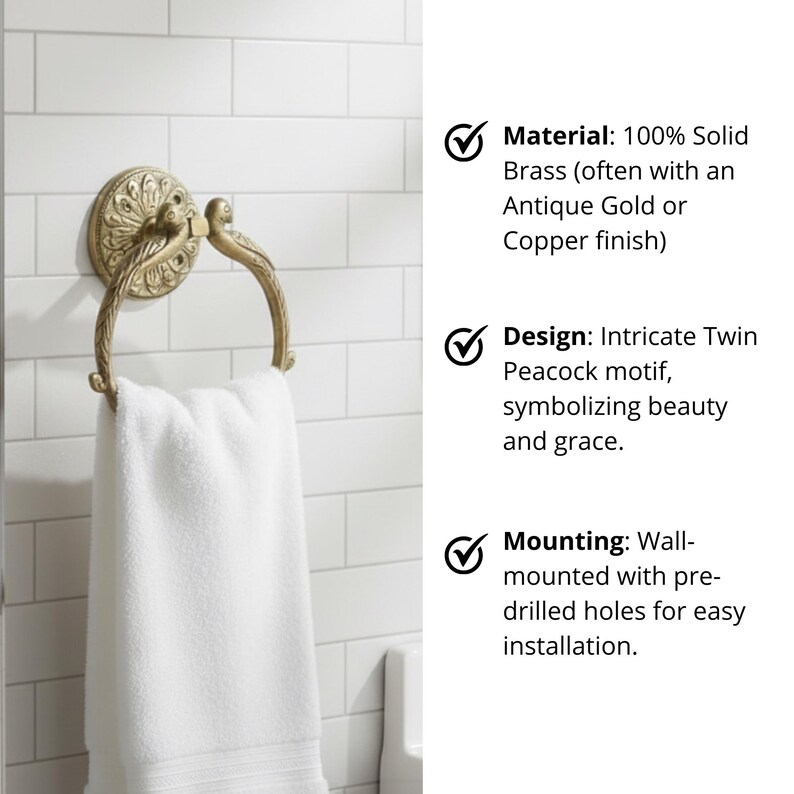 May include: Antique gold-finished brass towel ring with an intricate twin peacock motif. The wall-mounted ring holds a white towel. The design features pre-drilled holes for easy installation. The material is 100% solid brass.