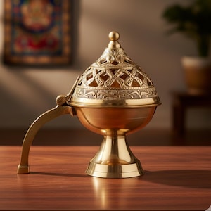 以下が含まれることがあります： 装飾的な透かし彫りの蓋と湾曲したハンドルが付いた、金色の香炉。バーナーは丸いベースと詳細なデザインです。木製の表面に置かれています。