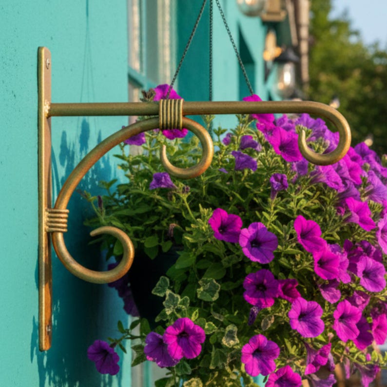 May include: A decorative gold-coloured metal hanging basket bracket fixed to a teal wall. The bracket holds a hanging basket filled with bright purple petunias. The flowers are in full bloom, creating a colourful display.
