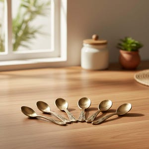May include: Six small, antique-style brass spoons arranged on a wooden surface. Each spoon has a rounded bowl and a decorative handle. The spoons are positioned in a semi-circle, with a window and a small plant in the background.