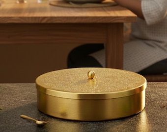 Pure Brass Spice Box with Engraved Lid & Spoon (7 Detachable Containers, 120 ML) | Traditional Masala Dabba Spice Container for Kitchen