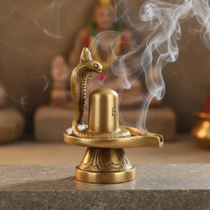 Könnte beinhalten: Eine religiöse Messingskulptur, möglicherweise ein Lingam, mit einer Kobra und einer zylindrischen Struktur. Die Skulptur steht auf einem dekorativen Sockel, aus dem Rauch aufsteigt. Der Hintergrund ist verschwommen, was auf eine spirituelle Umgebung hindeutet.