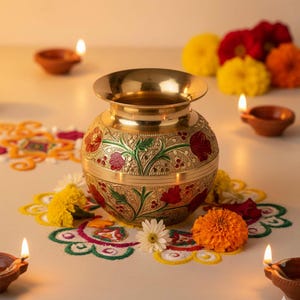 Pode incluir: Um pote dourado e ornamentado com uma borda larga e desenhos florais em vermelho, verde e dourado. O pote é cercado por flores, velas e arte de areia colorida, criando uma exibição festiva e decorativa.