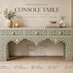 May include: A sage green console table featuring intricate white bone inlay in a floral vine pattern. The rectangular table has three drawers with round knobs and an arched apron. Text on the image reads: HANDCRAFTED BONE INLAY CONSOLE TABLE.
