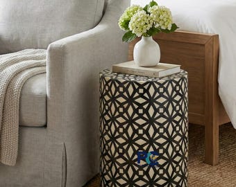 Black White Bone Inlay Coffee Side Table | Round Accent Stool | Contemporary Decor