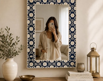 Navy Blue Bone Inlay Mirror | Handmade Floral Geometric Wall Mirror | Modern Home Decor
