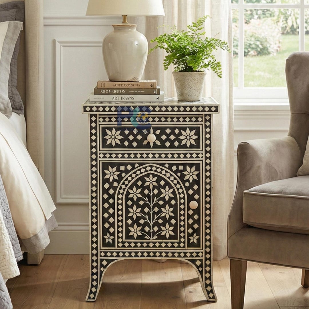 Bedside Table Patterned Floral Bone Inlay Bedside Table – Modern Bedroom Nightstand - Etsy
