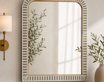 Handmade Bone Inlay Arch Mirror with Brass Trim | Luxury Entryway Wall Décor