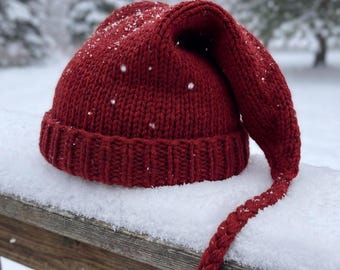 Crochet Ice Melt Hat, Handmade Red Knit Stocking Cap Long Elf Hat, Melt the Ice Knit Hat, Cozy Winter Hat, Unique Red Hat Gift, Stocking Cap