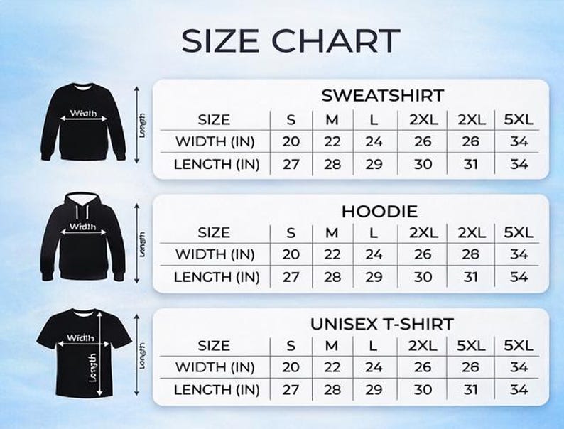 May include: Size chart for sweatshirts, hoodies, and unisex t-shirts. The chart shows measurements in inches for width and length, with sizes ranging from small to 5XL. The text "SIZE CHART" is at the top.