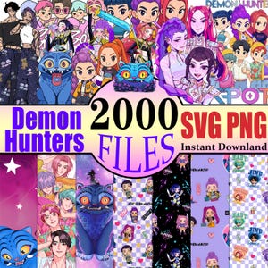 Peut inclure: Graphique d'art numérique avec des personnages de dessins animés et le texte "Demon Hunters 2000 SVG PNG FILES Instant Download." L'image présente diverses illustrations colorées, dont des personnages de style anime et des chats stylisés.