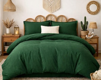 Juego de funda nórdica de lino verde bosque – Ropa de cama bohemia con fundas de almohada