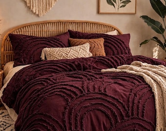 Wine Tufted Cotton Duvet Cover Set, Boho Arch Texture Bedding