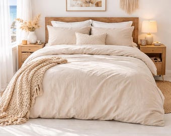 100% Cotton Duvet Cover Set – Oatmeal Beige, Breathable Minimalist Boho Bedding
