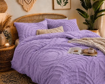 Lilac Tufted Cotton Duvet Cover Set, Boho Arch Texture Bedding