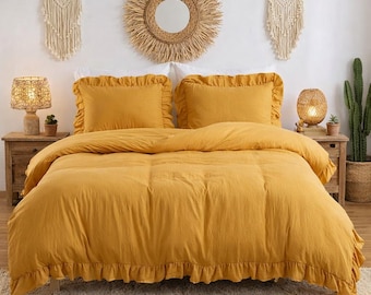 Mustard Yellow Linen Duvet Cover , Boho Ruffle Bedding, Rustic Farmhouse Bedding