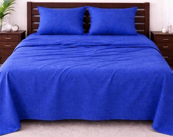 Royal Blue Washed Linen Bed Sheet Set, Soft Breathable Luxury Bedding King Queen Twin