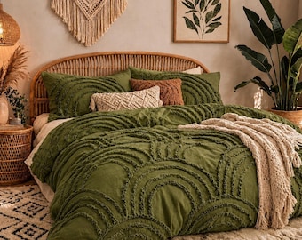 Olive Green Tufted Cotton Duvet Cover Set | Boho Farmhouse Bedding, Moss Green Home Decor