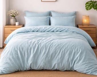 Aqua Blue Washed Linen Duvet Cover Set | Breathable Natural Bedding | Minimalist Style