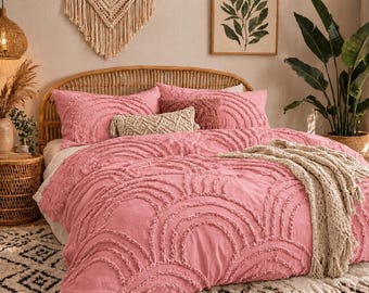 PInk Tufted Cotton Duvet Cover Set, Boho Arch Texture Bedding