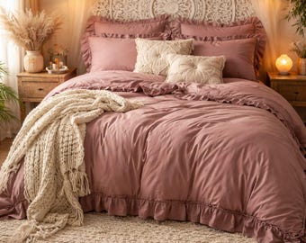 Dusty Rose Linen Duvet Cover, Ruffled Boho Bedding Set, Queen King Farmhouse Decor