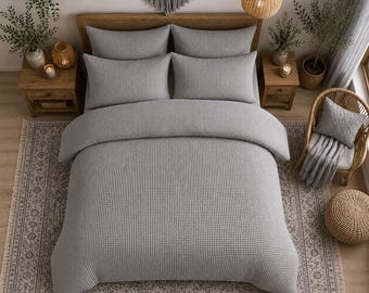 Gray Waffle Weave Duvet Cover Set, Soft Cotton Bedding, Modern Boho Farmhouse Decor