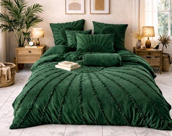 Forest Green Tufted Cotton Duvet Cover | Boho Textured Bedding Set