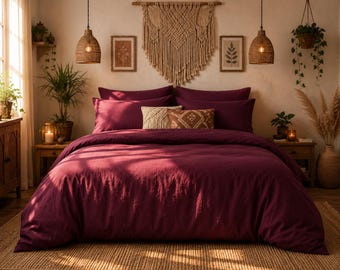 Wine 100% Cotton Duvet Cover Set | Boho Stone-Washed Bedding, Hidden Zipper