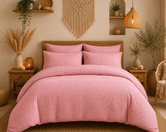 Pink Waffle Duvet Cover Set | Soft Cotton Bedding | Boho Bedroom Decor | Minimalist Bedding | Hidden Zipper Closure | Luxury Bedding Set