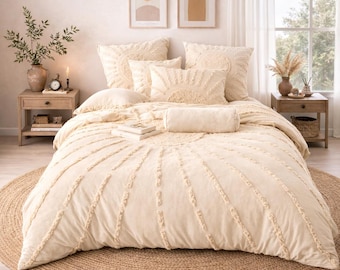 Cream Ivory Tufted Cotton Duvet Cover, Boho Sunburst Bedding Set