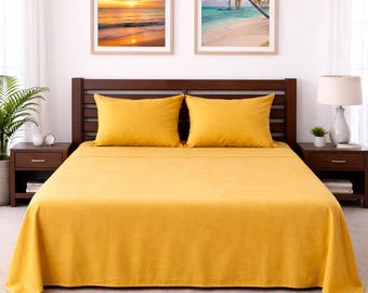 Mustard Yellow Stonewashed Linen Sheet Set, 100% European Flax Bedding