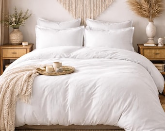 Snow White Washed Linen Duvet Cover, Minimalist Boho Bedding